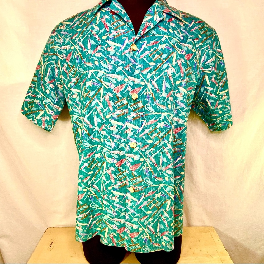 Kahala Hawaiian Aloha Tiki Shirt Size L Teal Green Coy Fish Lures Print Rare